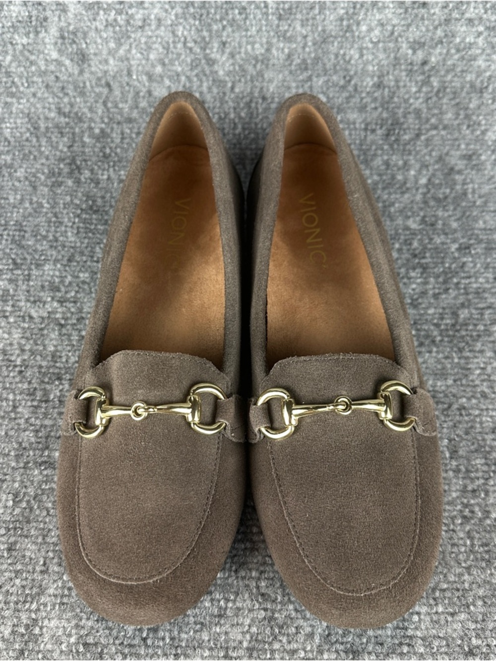 Vionic Bibiana Suede Loafers Womens 7.5 Greige Gray Horsebit Comfort Orthotic